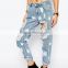 light blue fashion ripped jeans women with star print