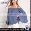 MGOO New Custom Designs Plain Blue Blouses Off Shoulder Long Sleeves Flare Opening Fashion Viscose Blouses