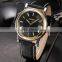 Golden Steel Case Black Dial Reloje Date Display Quartz Analog Leather Band Men Watch