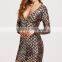 OEM Service Fashion Luxury Long Sleeve Mini Dress Deep V Neck Bodycon Dress Gold Beaded Sequins Club Dresses For Adults