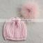 Myfur Baby Pink Striped Pattern Knitting Hat with Real Raccoon Fur Bobble