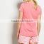 New Style OEM Summer Sexy Short Loose Fit Women 100% Cotton Knitted Red T-shirts and Printed Pink Shorts Pajama Set