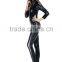 Black latex plain zipper front long jumpsuit sexy catsuit costume wholesale catwoman