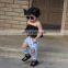 Children's clothing ins summer girl's meat powder one-shoulder top + ripped jeans headwear suit