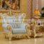 Luxury living furniture wood carving goldfoil light blue genuine leather sofa set