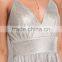 Latest Women Shine Silver Grid Metallic Cross Strap Maxi Gown Ladies Long Evening Party Wear Gown Designs HSd5040