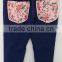 Beautiful Baby Girls Flowers Printed Back Pockets Blue Denim Jeans for Autumn