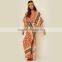 Bat sleeve printed ethnic clothing women kaftan open back design maxi dress
