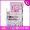 New design 13 pieces of furniture 3 floor pretend play pink wooden cottage dollhouse for children W06A230