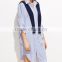 Guangzhou Clothing OEM Blue Vertical Striped Shawl Button Dress With Curved Hem