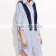 Guangzhou Clothing OEM Blue Vertical Striped Shawl Button Dress With Curved Hem