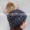 Hot sale acrylic winter knitted beanie real raccoon fur pom pom hats