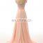Sheer Neck Appliqued Evening Dresses Long 2016 Free Shipping Chiffon Sweep Train Prom Dress Abiti Da Cerimonia Da Sera