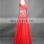 2015 New Design Red Evening Gown Chiffon Sexy V-neck Lace See Through Nude Back High Slit Long Evening Dresses