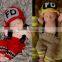 Newborn Baby Firefighter Fireman Red Hat Outfit, 2 pc Red Pant Set w/Suspenders, Photography Prop