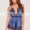 2017 Hot Sale Sexy V Neck Lace Trim Satin Pyjama Set Blue Lace Teddy Elasticated Waist Halter Back Strap Sleepwear
