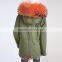 Myfur Customized Women Green Parka with Fur Lining and Big Size Raccoon Fur Hood