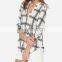 CHEFON Roll tab half sleeve deep v neck plaid print fashion patterns of chiffon blouses