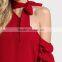 New Fashion Bow Decorated Long And Ruffle Sleeves Women One Shoulder Blouse