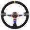 380 мм/15 дюймов черный кожаный руль для ралли с синними титановыми спицами, глубокими впадинами и белой строчкой