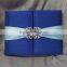 Hot sale elegant navy hardcover silk wedding invitations with ribbons & rhinestone brooches