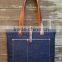 Custom large denim tote bag with leather trim