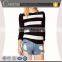 crew neck long sleeve black women winter sweater with white hollow out stripe