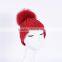 Chinese Red Wool knit hat with big fur ball on the top for fashion girls KZ160079