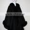 Fashion Style Women Black Color Cashmere Poncho with Fox Fur Trim Cape/Shawl