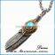  Top Sale Ruby Stone Titanium Steel Skull Feather Necklace Jewelry Mens Turquoise Stone Stainless Steel Feather pendant