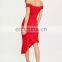 High Fashion Asymmetric Frill Hem Midi Dress in Red Color