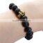 New Fashion Stone Lava Beaded Healing Bracelet Black Gold Tone Antique Gold Halloween Skull Elastic 22.5cm long