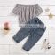 Girls cotton stretch strapless striped top + denim ripped pants suit Europe and America