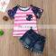 Newborn Kid Clothing Baby Girls Pink White Striped Tops Flower Sleeved T-shirt & Jeans Denim Shorts 2pcs Baby Clothing Set