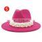 Women Wide Brim Imitation Wool Felt Fedora Hats Fashion Church Party Female Dress Hat Pearl Ribbon Decor White Hat