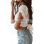 Women's Ruffle Short Sleeve Tie Up Back Crop Top Off Shoulder Bardot Blouse
