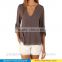 100%chiffon crepe blouse/long sleeve crepe shirt/split V-Neck button Detail Dip Pack Solid Blouse Top