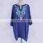 Dark Blue Bohemian Embroidered Three Quarter Sleeve Short Summer Beach Dress Cotton Tunic Women Beachwear Sarong plage