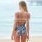 Floral print v-neckline swimwear scoop back bikini mesh skimpy swimsuit with adjustable straps