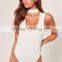 MGOO 2017 High Fashion White Ribbed Bodysuits For Women Sexy Chocker Neck Zip 95% Cotton 5% Spandex Tops