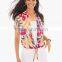 women's short sleeve printed front open blouse tops