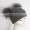 Myfur Dark Grey Wool Knitting Hat with Detachable Raccoon Fur Pom Poms