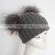 Myfur Dark Grey Wool Knitting Hat With Detachable Raccoon Fur Pom Poms