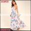 Light peach colored floral print splicing lady dress spaghetti strap long women maxi dress