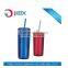 Inside SS outer plastic adult cups with screw lid and straw