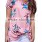 Custom Plus Size USA Women's Floral Print Boutique Summer Casual Short Sleeves Front Side Knot T-Shirts Tops