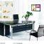 liansheng latest design luxury tempered black glass office desk with R-shape stainless steel base