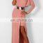 OEM women fashion peach long casual one shoulder dress latest elegant design online low moq 2016