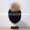 KH1214 Knitted full raccoon fur pompom wool hat