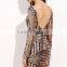 Fashion Luxury Mini Dress Contrast Mesh Long Sleeve Bodycon Dress Open Back Gold Beaded Sequins Club Dresses